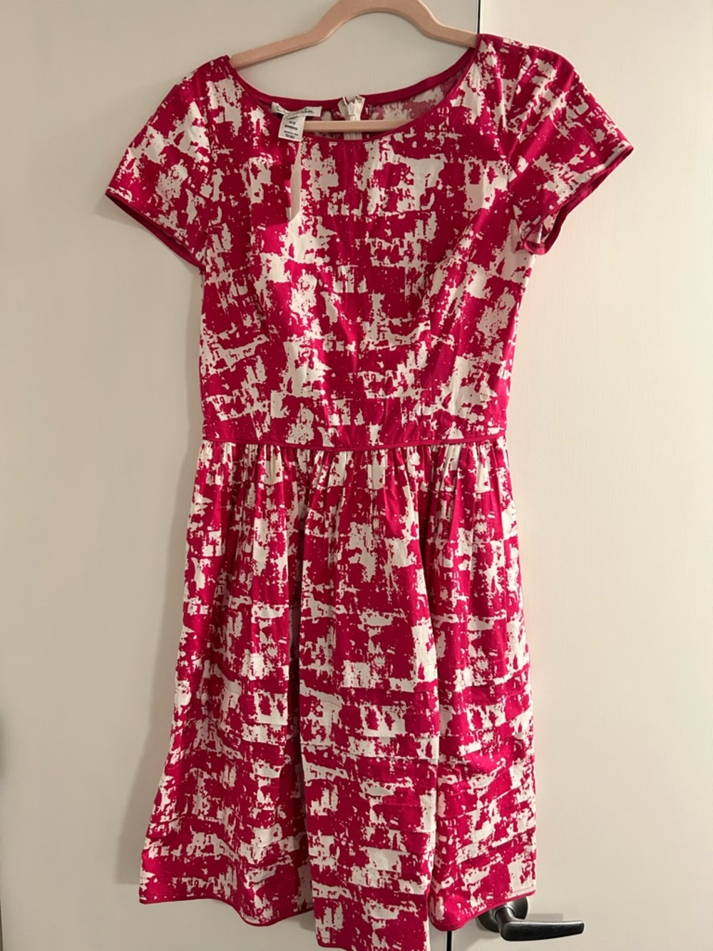 Oscar de la Renta Pink & White Abstract Fit-and-Flare Dress